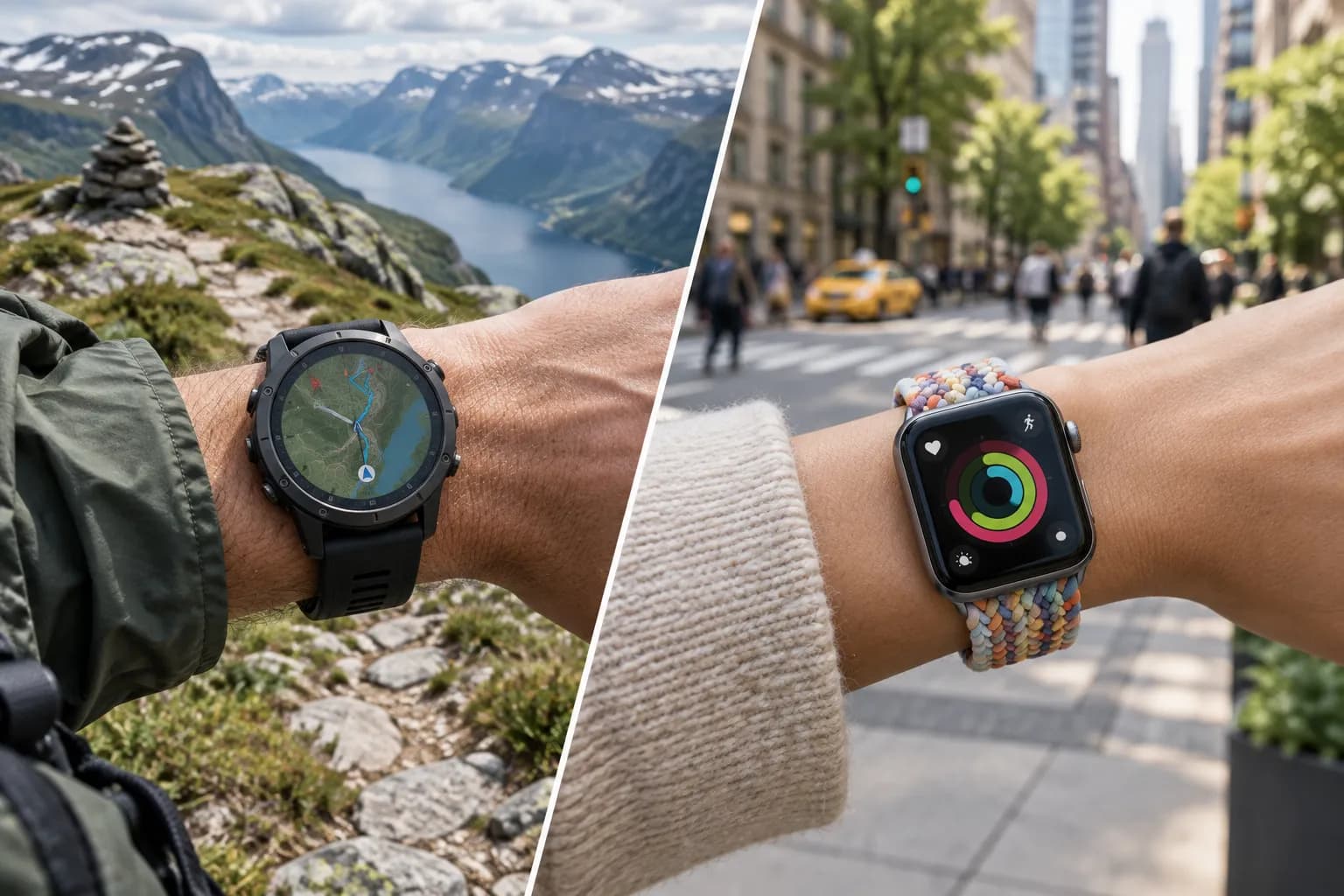 Sportsklokke med silikonreim på tur og firkantet smartklokke med flettet reim i byen