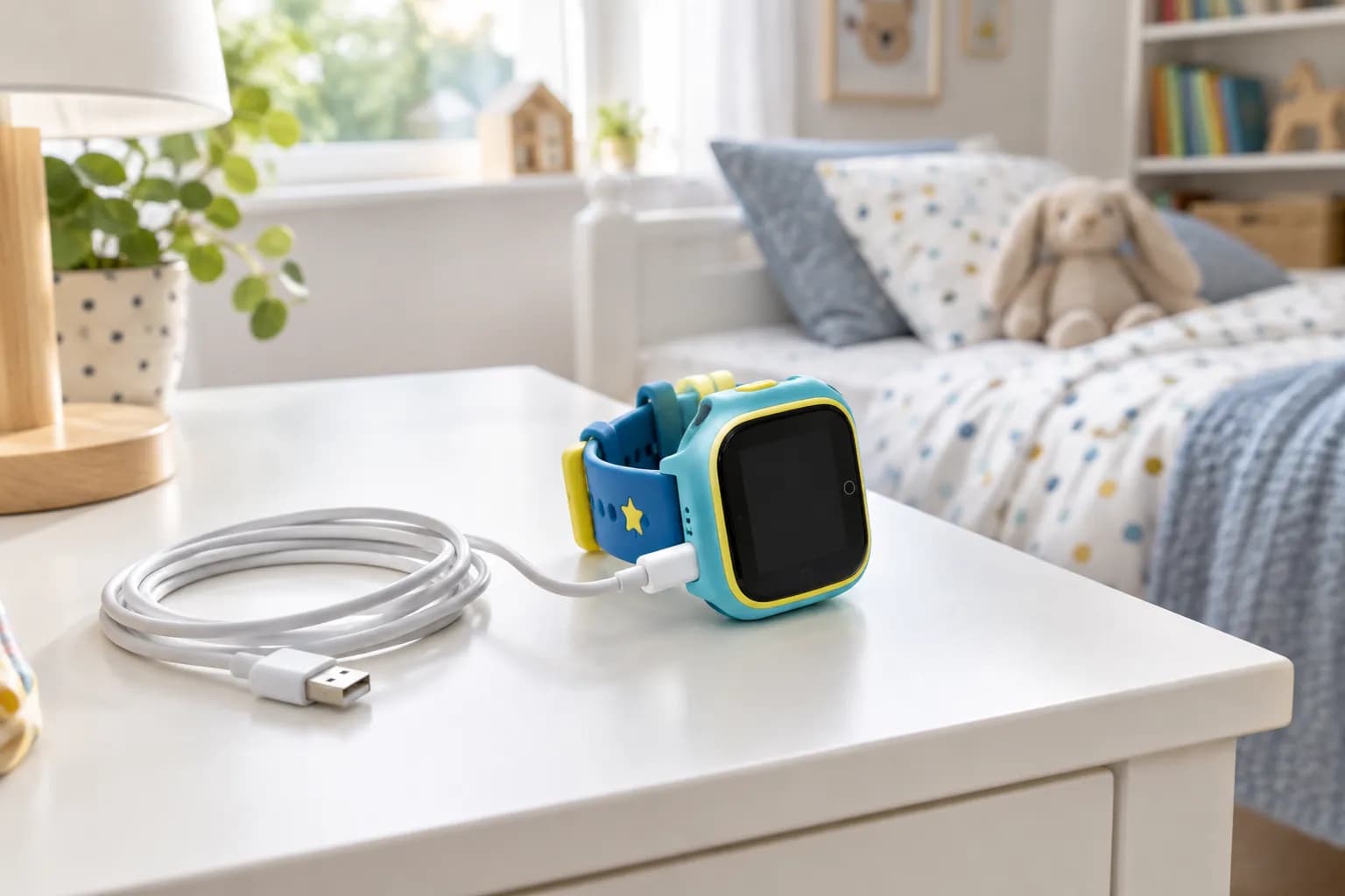 Barnesmartklokke som lades med kabel på et hvitt nattbord