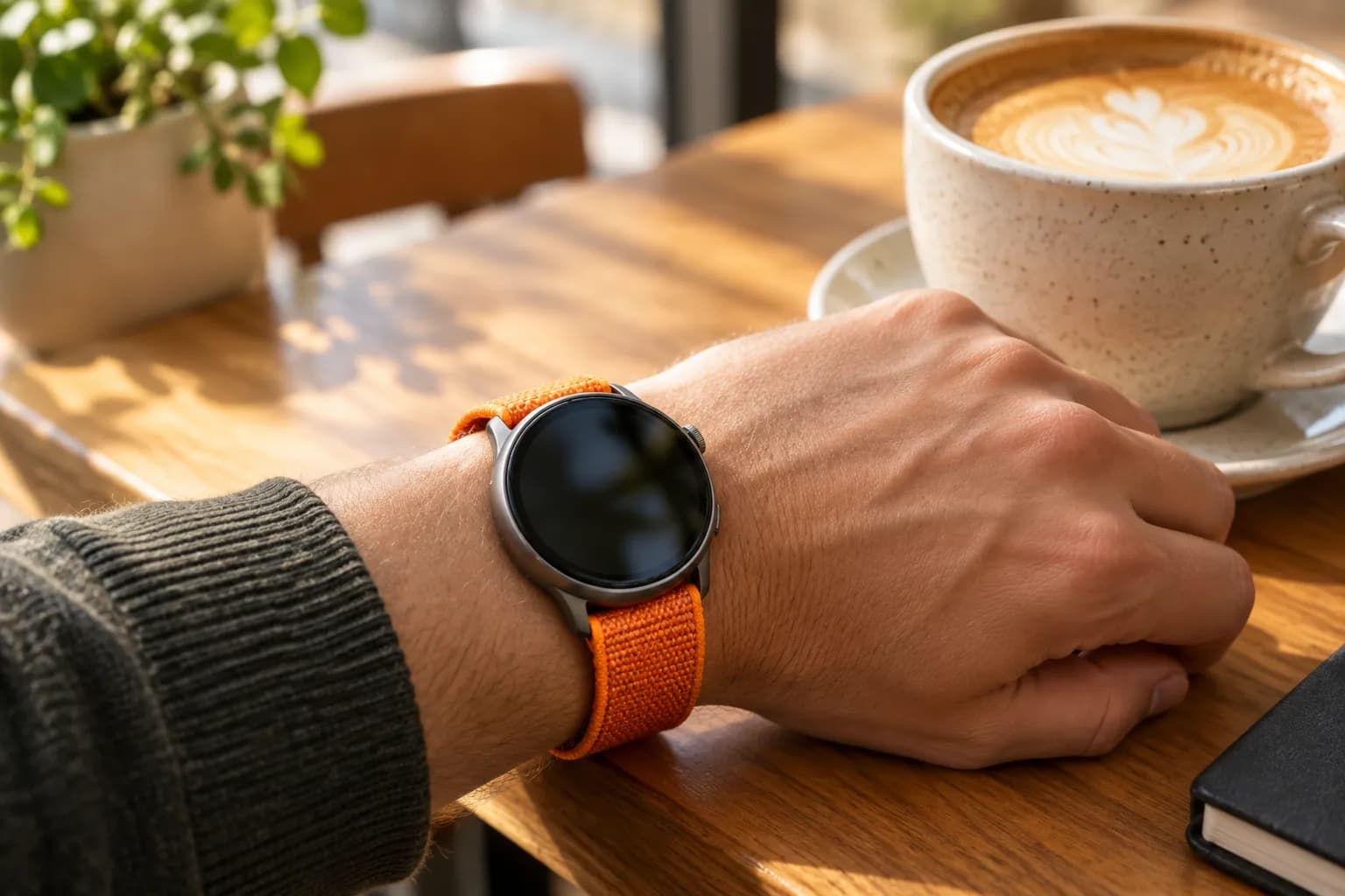 Rund smartklokke med oransje nylonreim på et håndledd