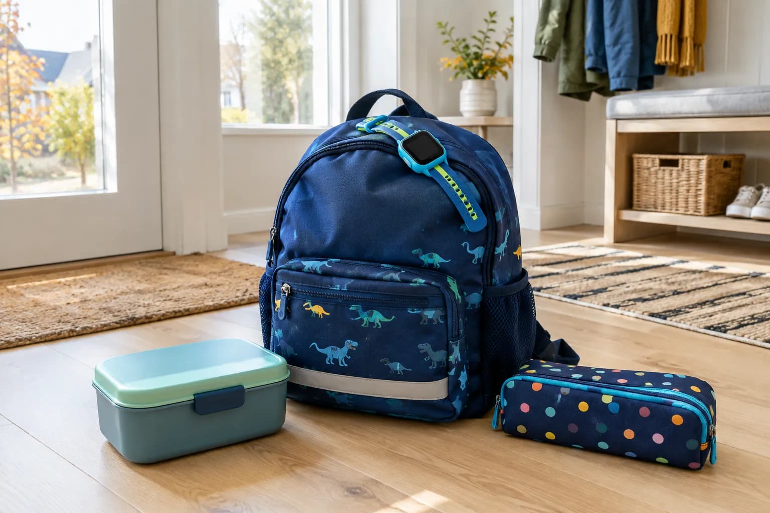 Skolesekk med barnesmartklokke, matboks og pennal klar ved ytterdøren